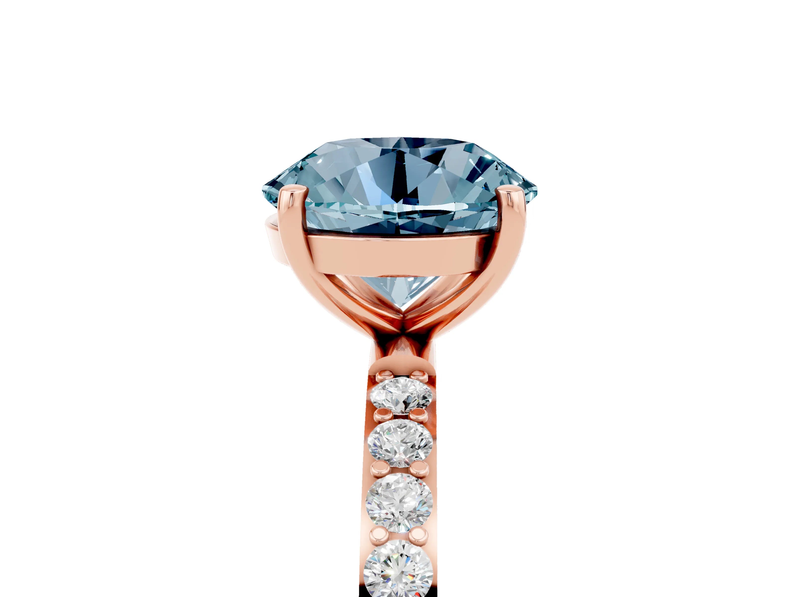 Rose gold Round Cut Aquamarine Solitaire Ring with Pave Band and Four Prong Setting_29