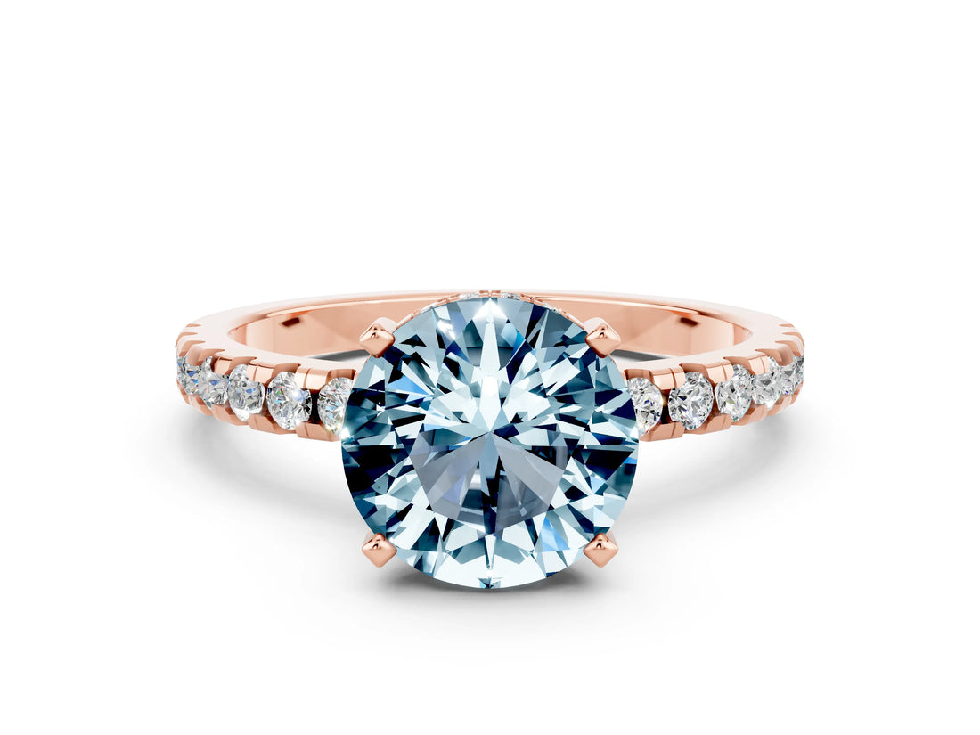 Rose gold Round Cut Aquamarine Solitaire Ring with Round  Pavé Band and Four-Prong Setting_36