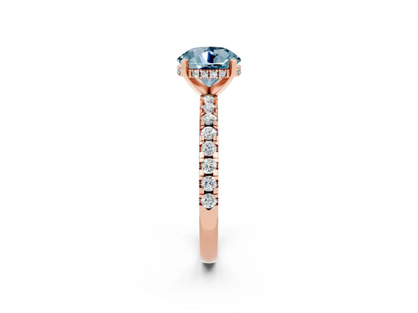Rose gold Round Cut Aquamarine Solitaire Ring with Round Pavé Band and Four-Prong Setting