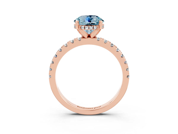 Rose gold Round Cut Aquamarine Solitaire Ring with Round Pavé Band and Four-Prong Setting