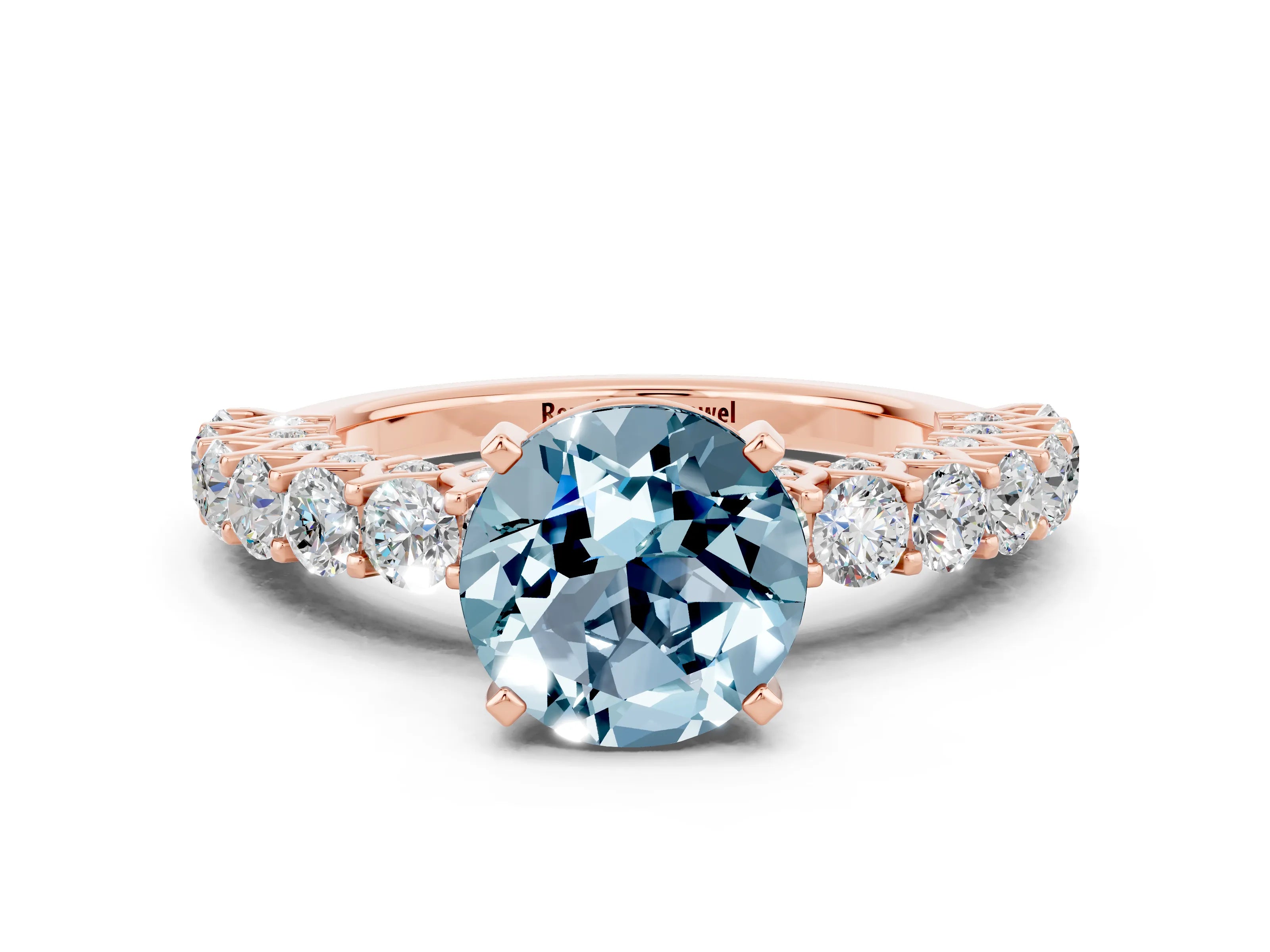 Rose gold Round Cut Aquamarine Solitaire Ring with Shared Prong Pavé Band and Four-Prong Setting
