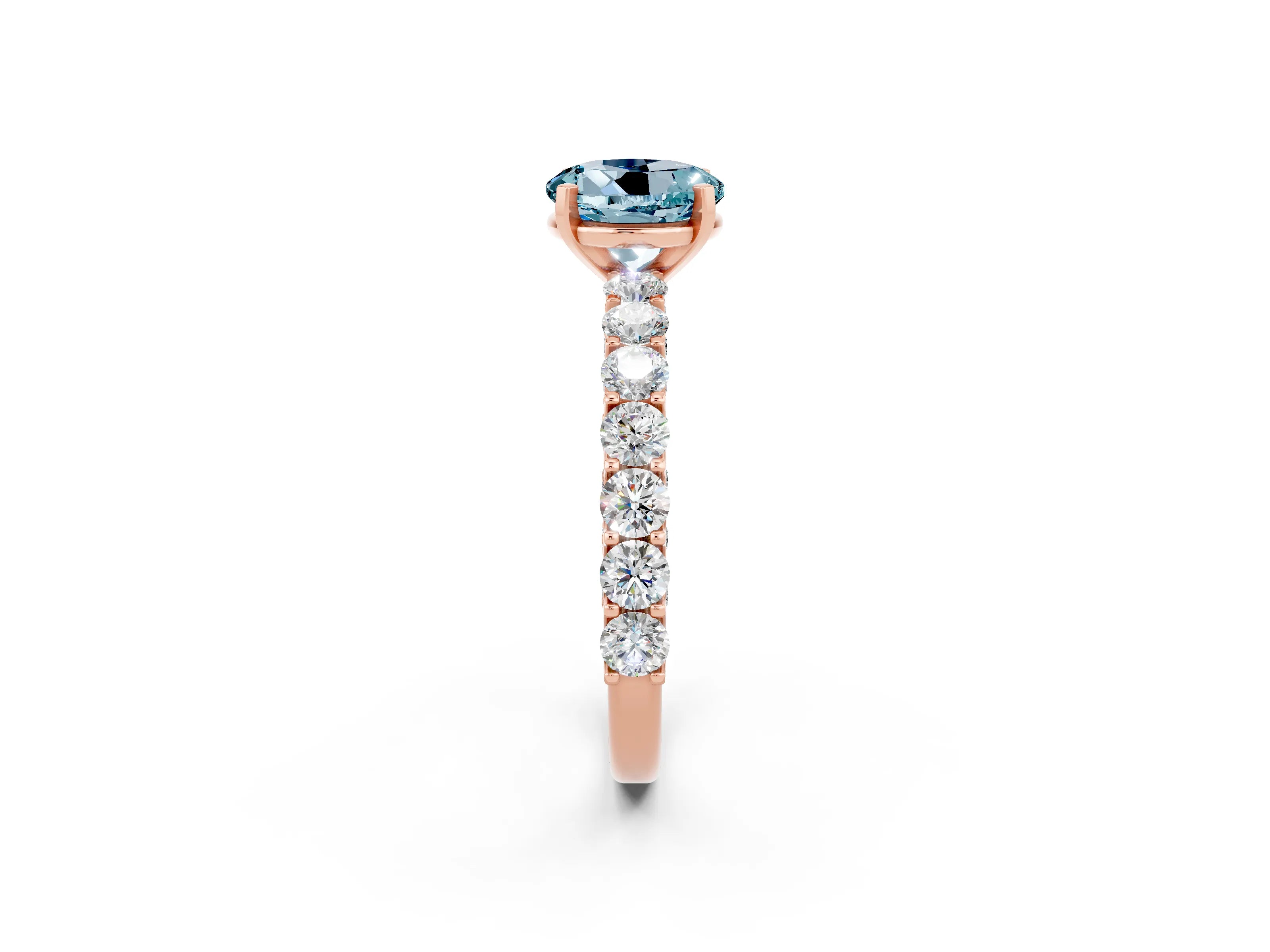 Rose gold Round Cut Aquamarine Solitaire Ring with Shared Prong Pavé Band and Four-Prong Setting_2