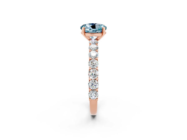 Rose gold Round Cut Aquamarine Solitaire Ring with Shared Prong Pavé Band and Four-Prong Setting