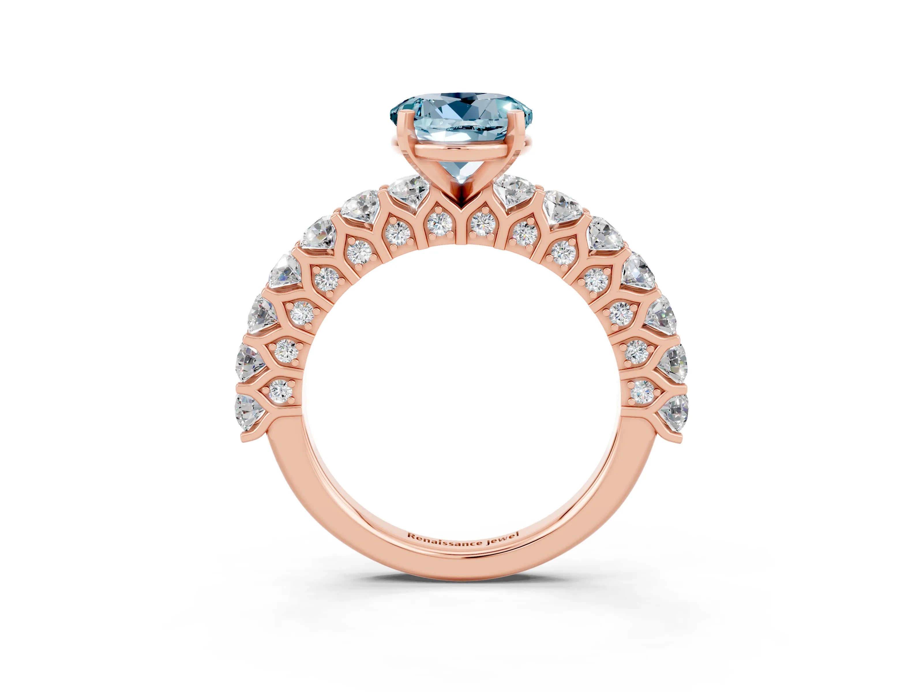Rose gold Round Cut Aquamarine Solitaire Ring with Shared Prong Pavé Band and Four-Prong Setting_3