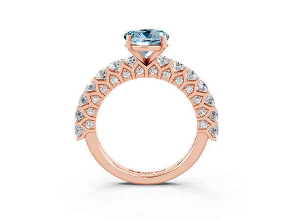 Rose gold Round Cut Aquamarine Solitaire Ring with Shared Prong Pavé Band and Four-Prong Setting