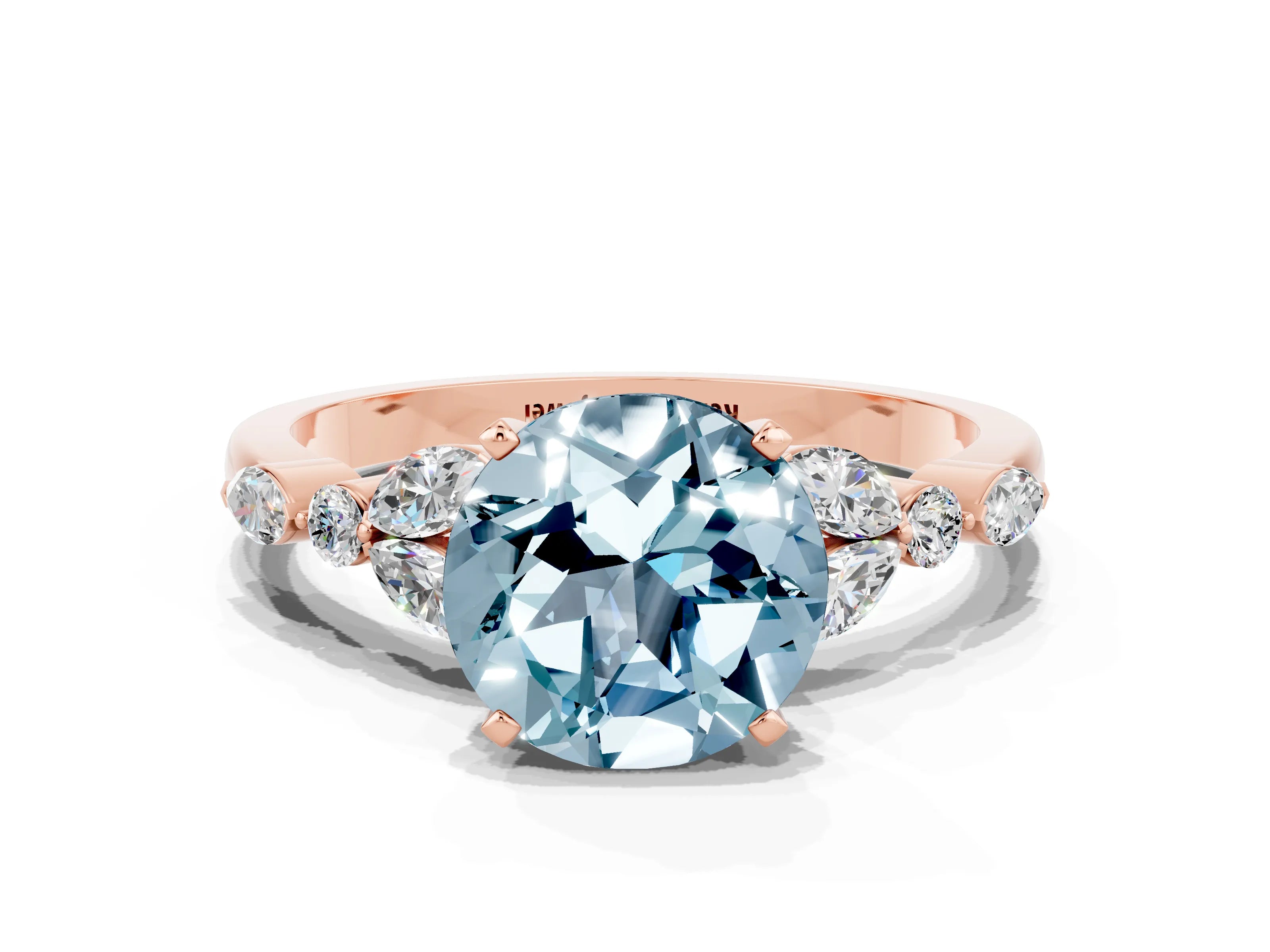 Rose gold Round Cut Aquamarine Solitaire Ring with Side Stones and Four-Prong Setting_12