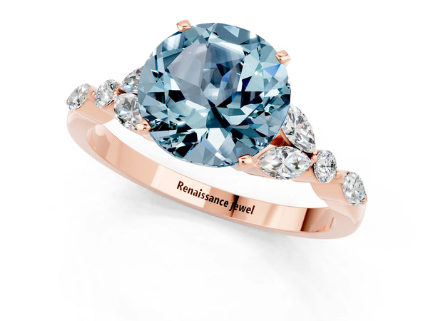 Rose gold Round Cut Aquamarine Solitaire Ring with Side Stones and Four-Prong Setting