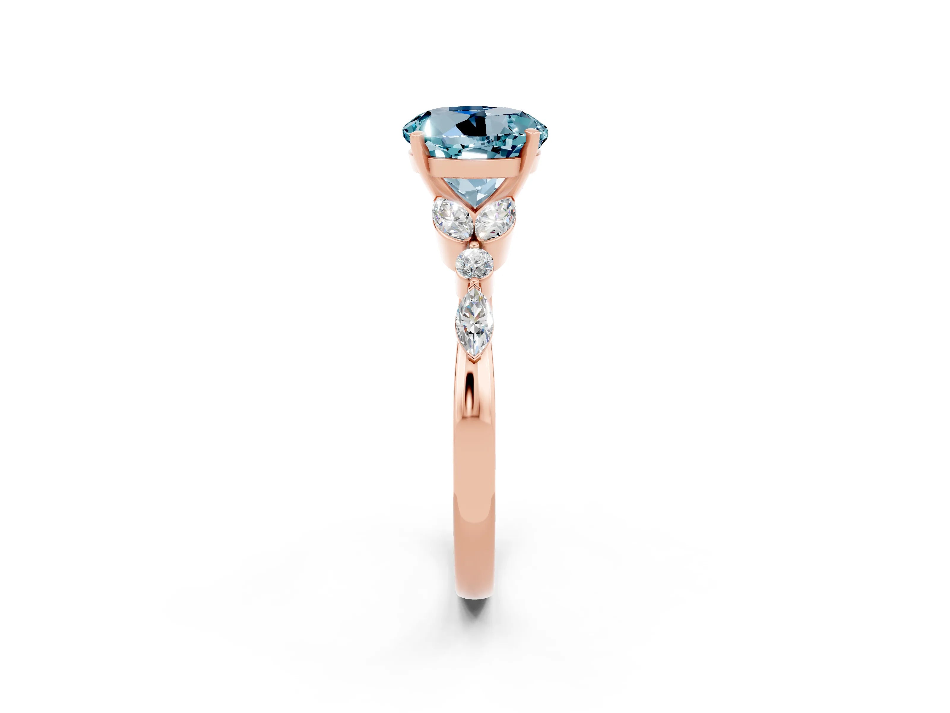 Rose gold Round Cut Aquamarine Solitaire Ring with Side Stones and Four-Prong Setting_14