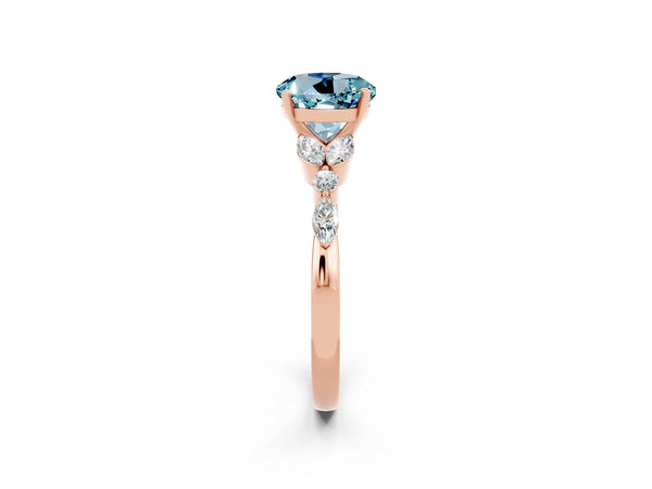 Rose gold Round Cut Aquamarine Solitaire Ring with Side Stones and Four-Prong Setting