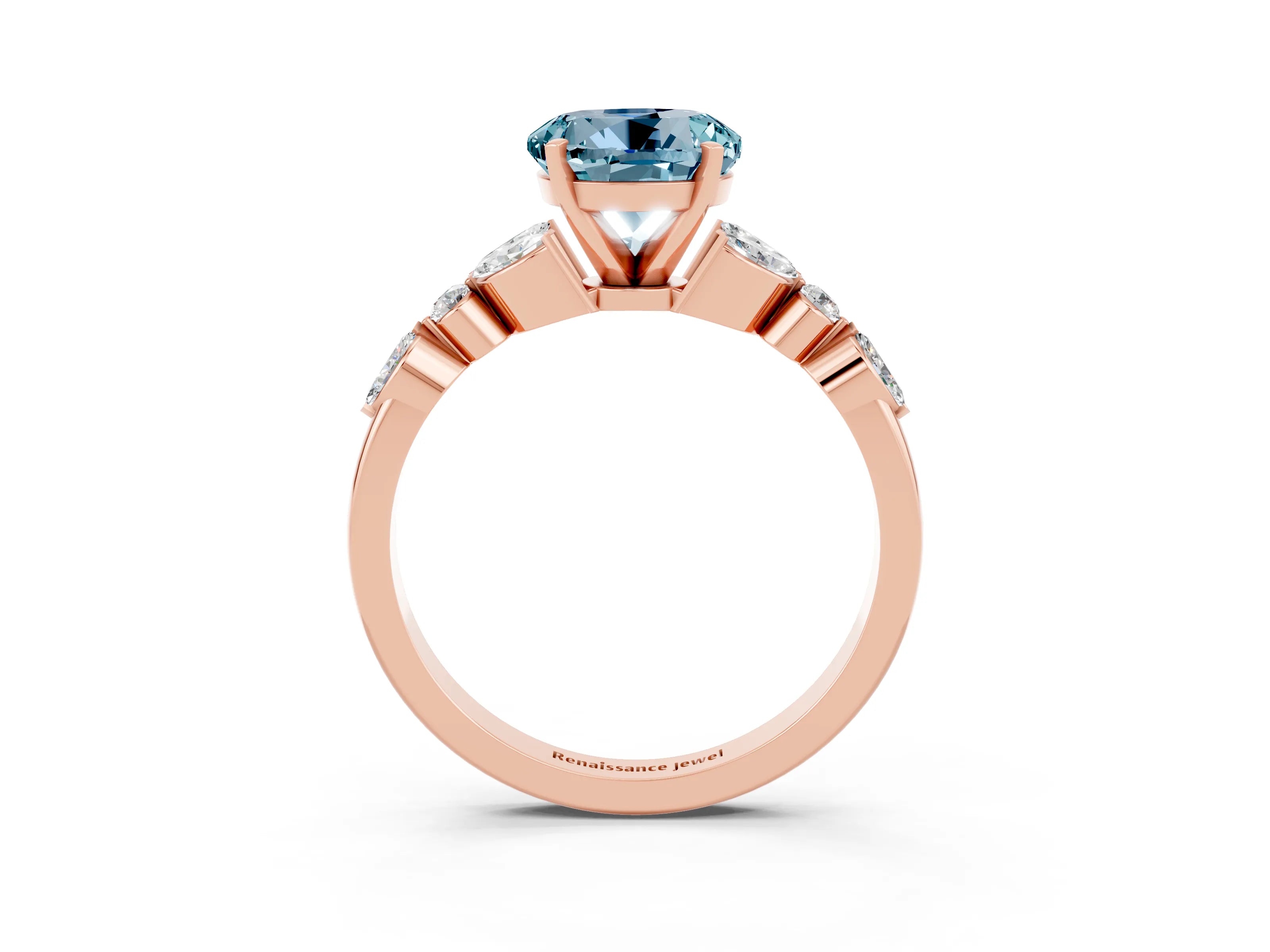 Rose gold Round Cut Aquamarine Solitaire Ring with Side Stones and Four-Prong Setting_15