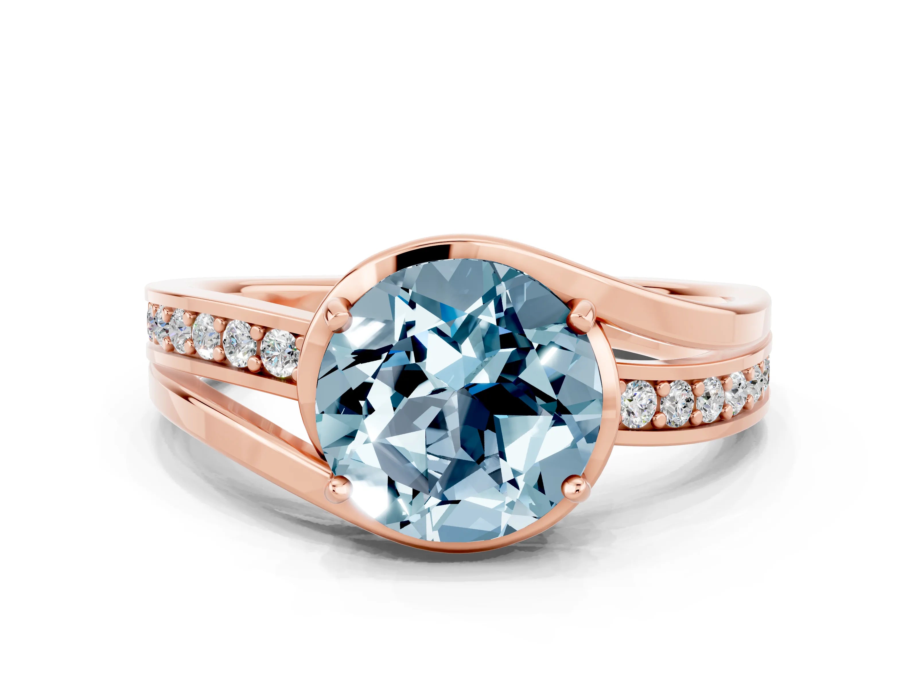 Rose gold Round Cut Aquamarine Solitaire Ring with Split Shank and Prong Setting