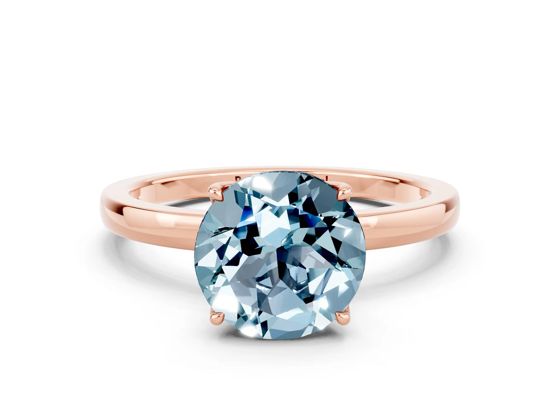 Rose gold Round Cut Aquamarine Solitaire Ring with Thin Band and Prong Setting_12