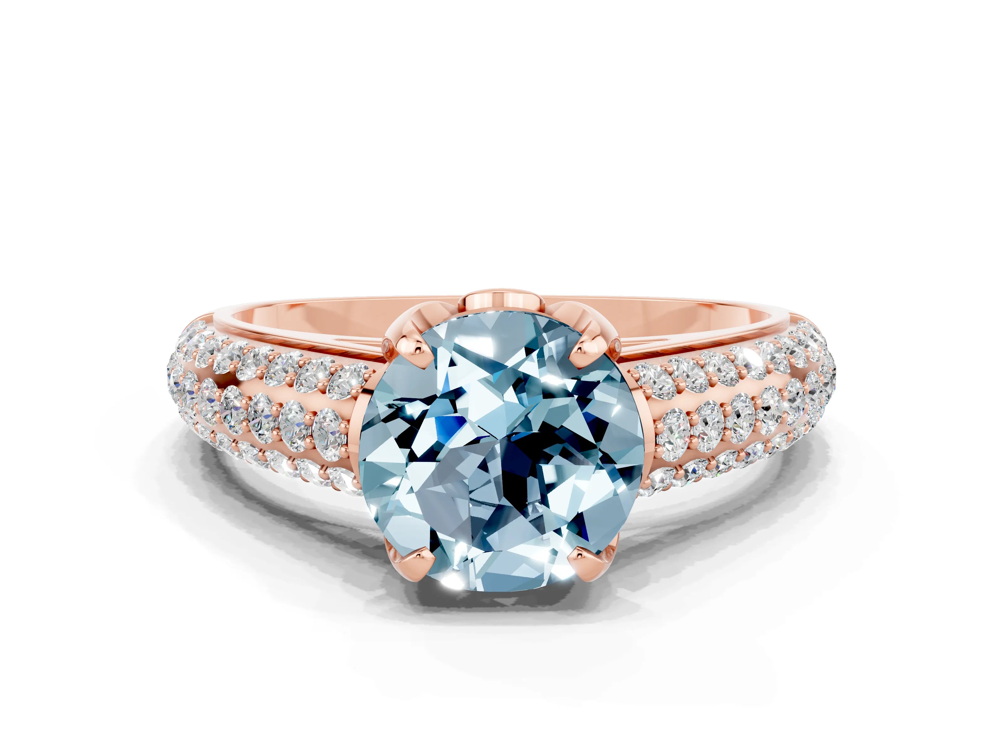 Rose gold Round Cut Aquamarine Solitaire Ring with Three-Row Pavé Band and Four-Prong Setting_12