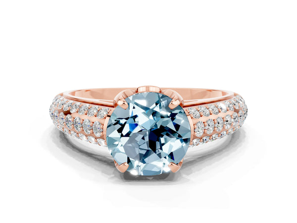 Rose gold Round Cut Aquamarine Solitaire Ring with Three-Row Pavé Band and Four-Prong Setting