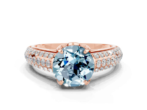 Rose gold Round Cut Aquamarine Solitaire Ring with Three-Row Pavé Band and Four-Prong Setting_12