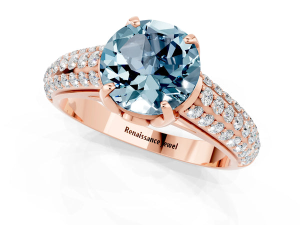 Rose gold Round Cut Aquamarine Solitaire Ring with Three-Row Pavé Band and Four-Prong Setting