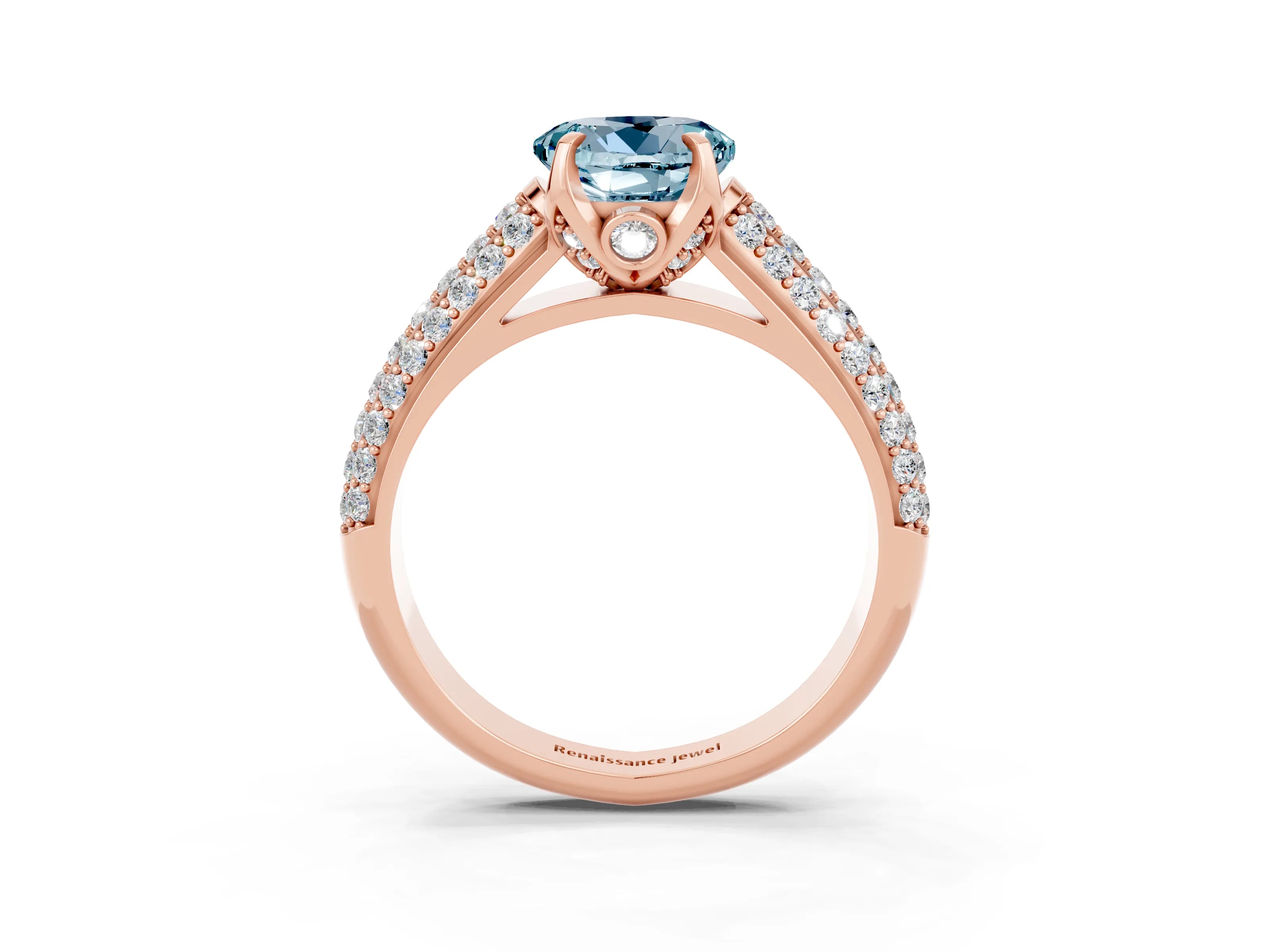 Rose gold Round Cut Aquamarine Solitaire Ring with Three-Row Pavé Band and Four-Prong Setting_15