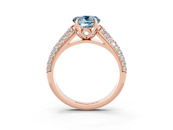 Rose gold Round Cut Aquamarine Solitaire Ring with Three-Row Pavé Band and Four-Prong Setting
