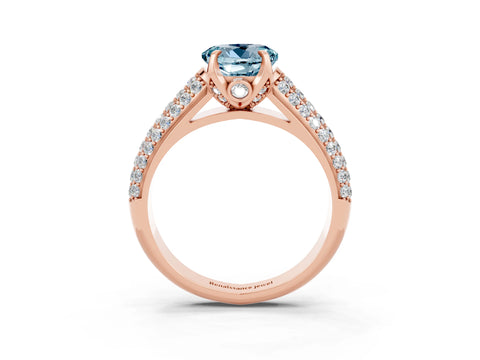 Rose gold Round Cut Aquamarine Solitaire Ring with Three-Row Pavé Band and Four-Prong Setting_15