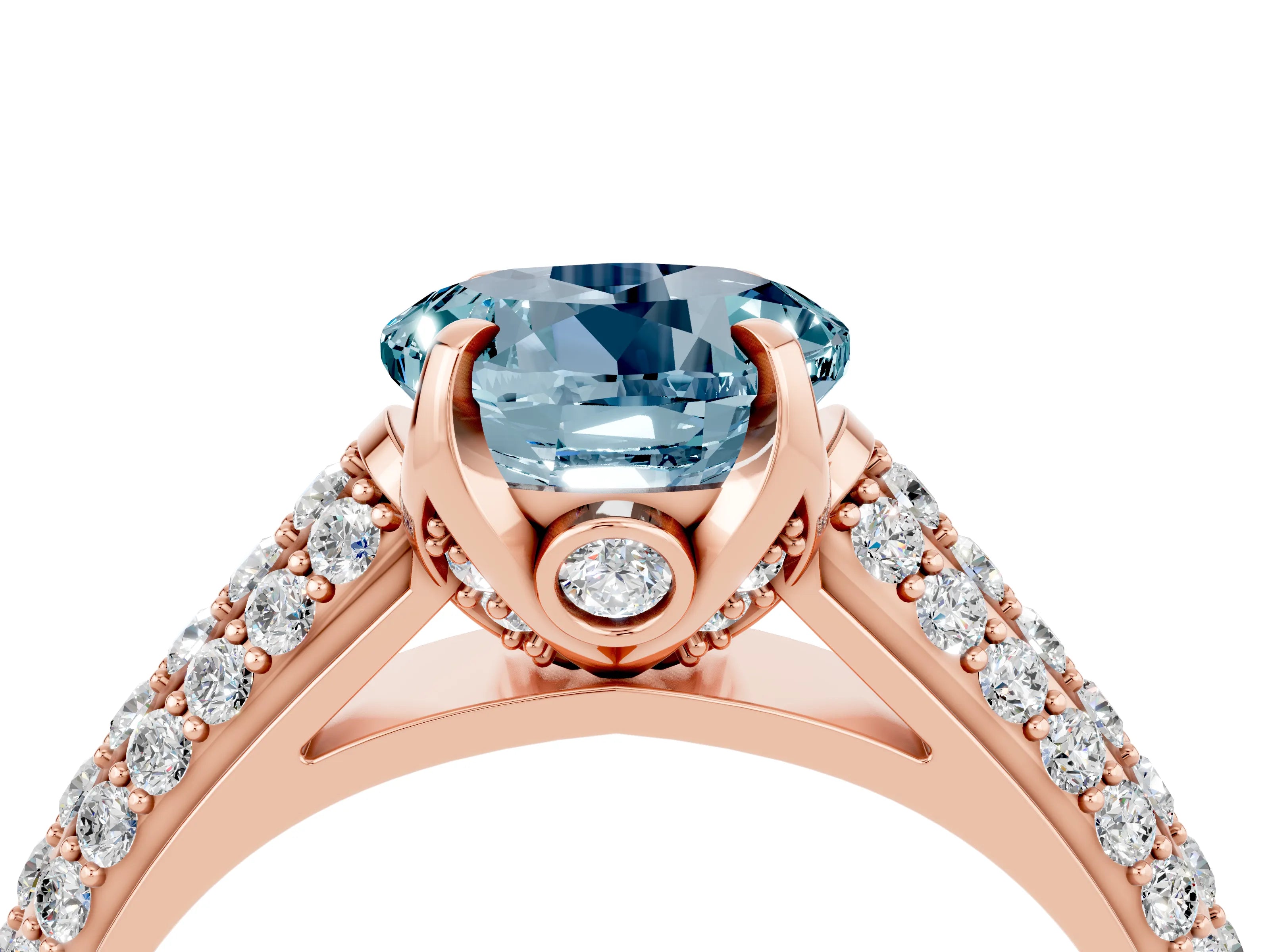 Rose gold Round Cut Aquamarine Solitaire Ring with Three-Row Pavé Band and Four-Prong Setting_16