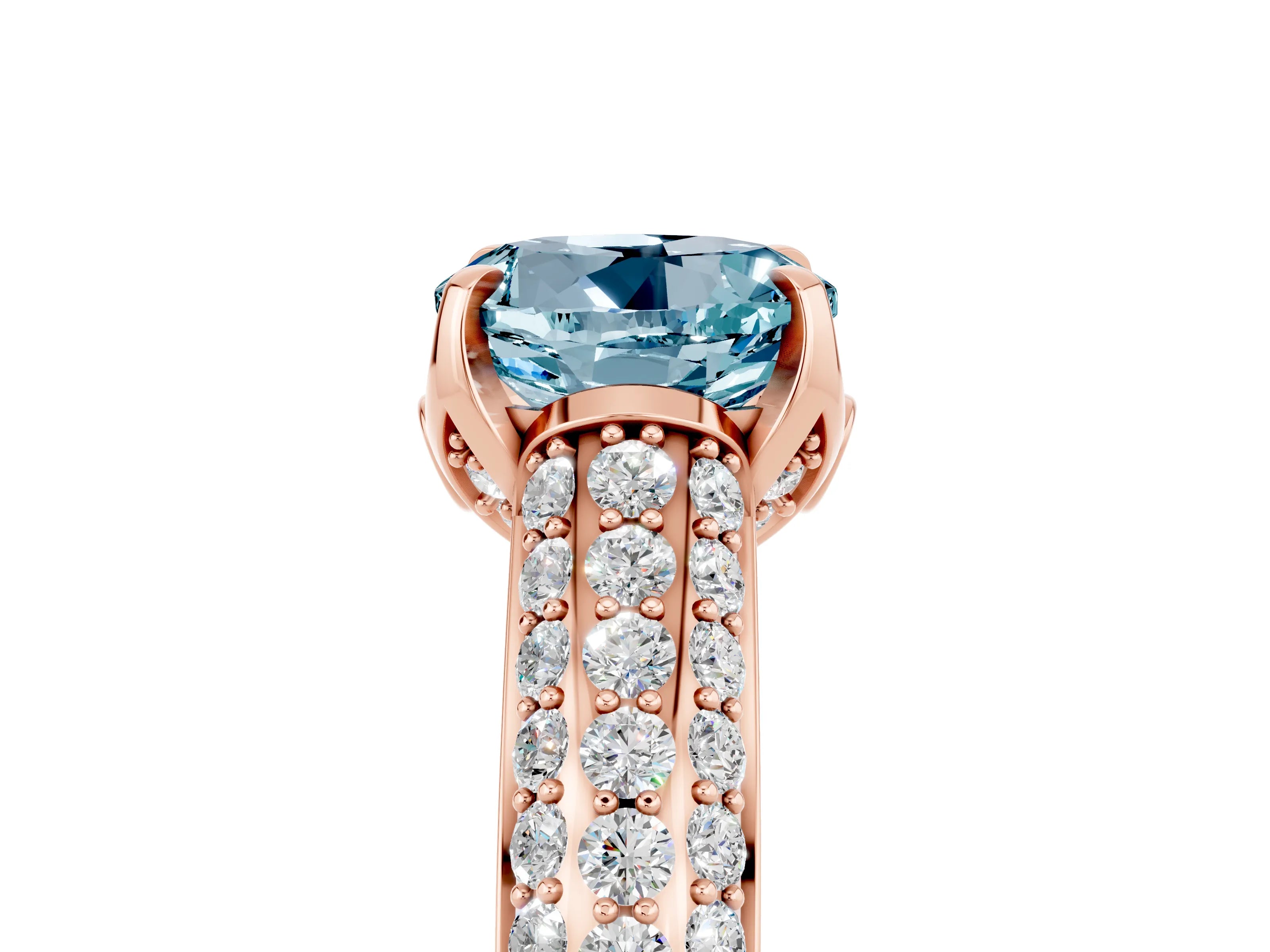 Rose gold Round Cut Aquamarine Solitaire Ring with Three-Row Pavé Band and Four-Prong Setting_17