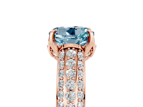 Rose gold Round Cut Aquamarine Solitaire Ring with Three-Row Pavé Band and Four-Prong Setting_17