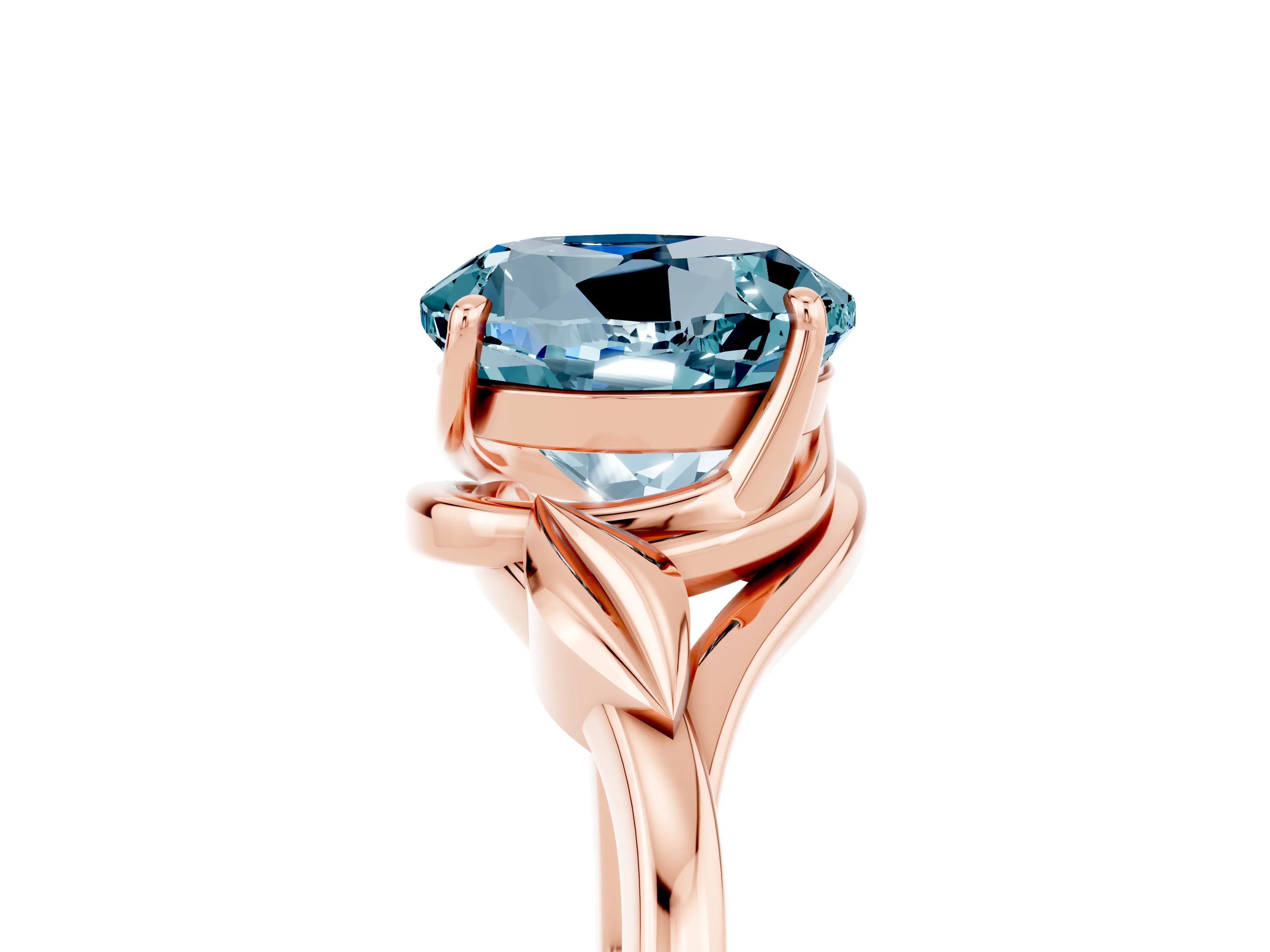 Rose gold Round Cut Aquamarine Solitaire Ring with Twist Band and Four-Prong Setting_29