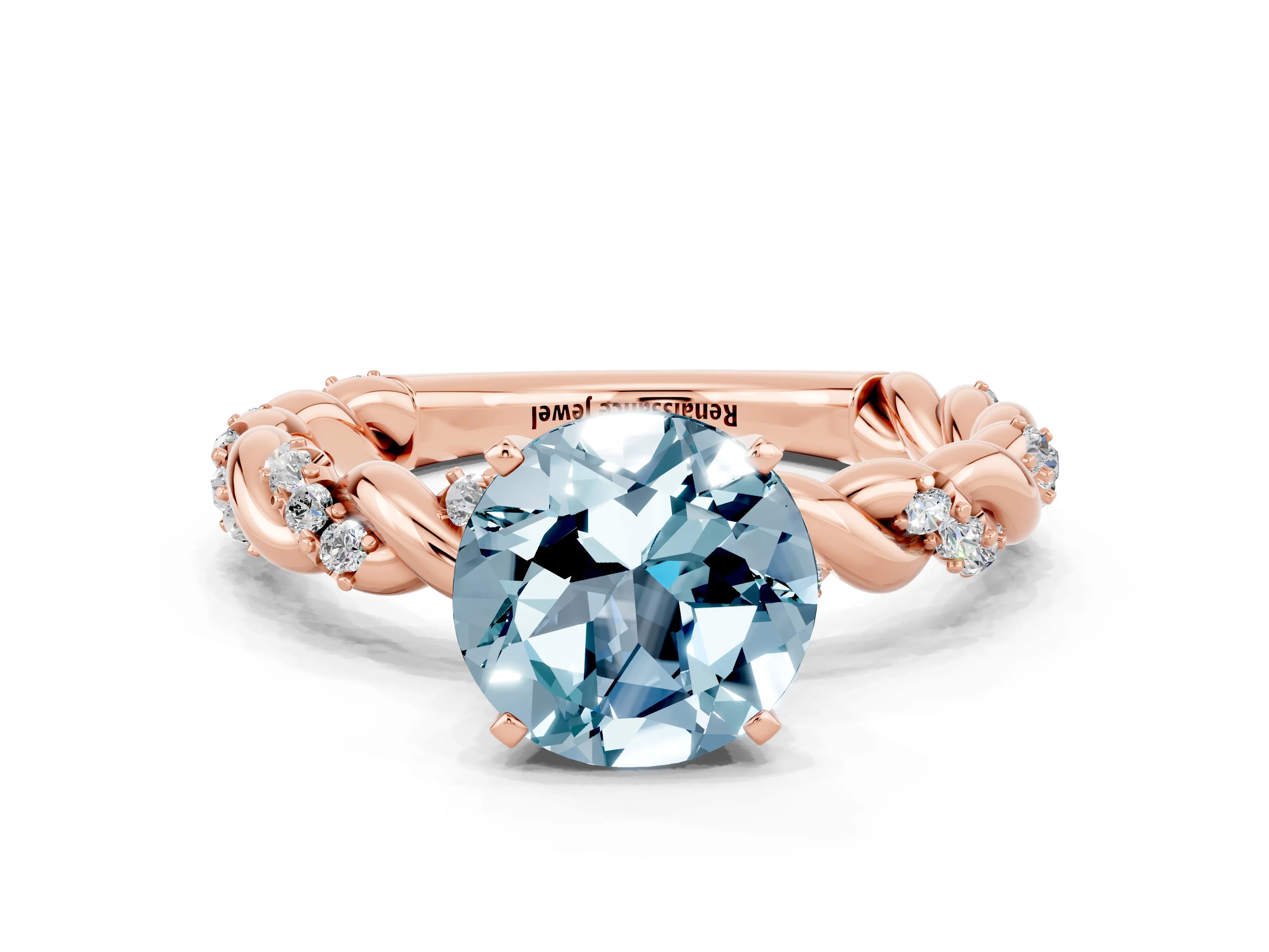 Rose gold Round Cut Aquamarine Solitaire Ring with Twisted Band and Pavé Accents