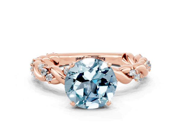 Rose gold Round Cut Aquamarine Solitaire Ring with Twisted Band and Pavé Accents