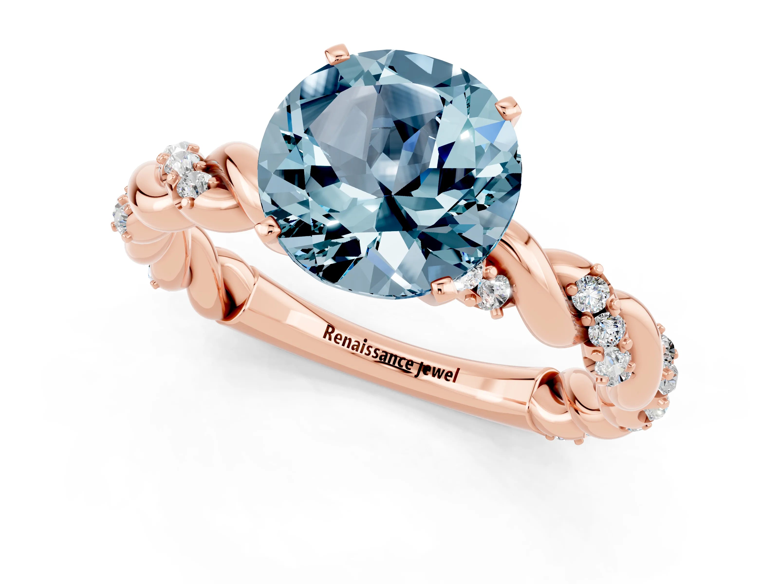 Rose gold Round Cut Aquamarine Solitaire Ring with Twisted Band and Pavé Accents_1