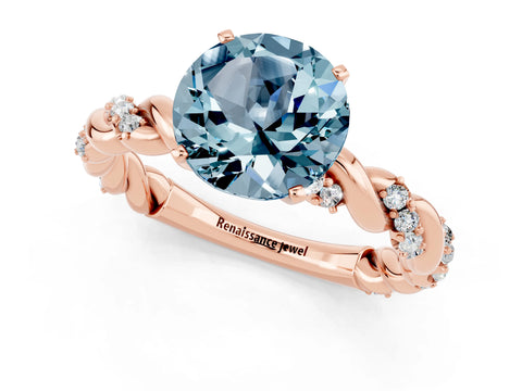 Rose gold Round Cut Aquamarine Solitaire Ring with Twisted Band and Pavé Accents_1