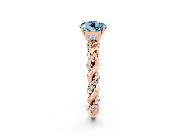 Rose gold Round Cut Aquamarine Solitaire Ring with Twisted Band and Pavé Accents