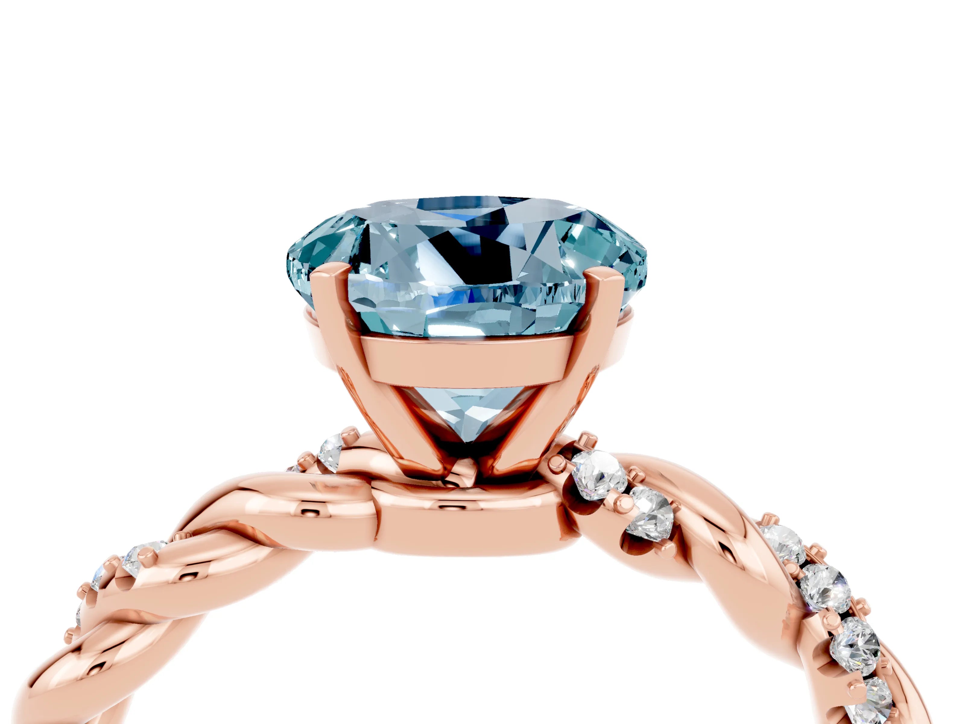 Rose gold Round Cut Aquamarine Solitaire Ring with Twisted Band and Pavé Accents_4
