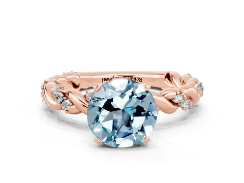 Rose gold Round Cut Aquamarine Solitaire Ring with Twisted Band and Pavé Accents