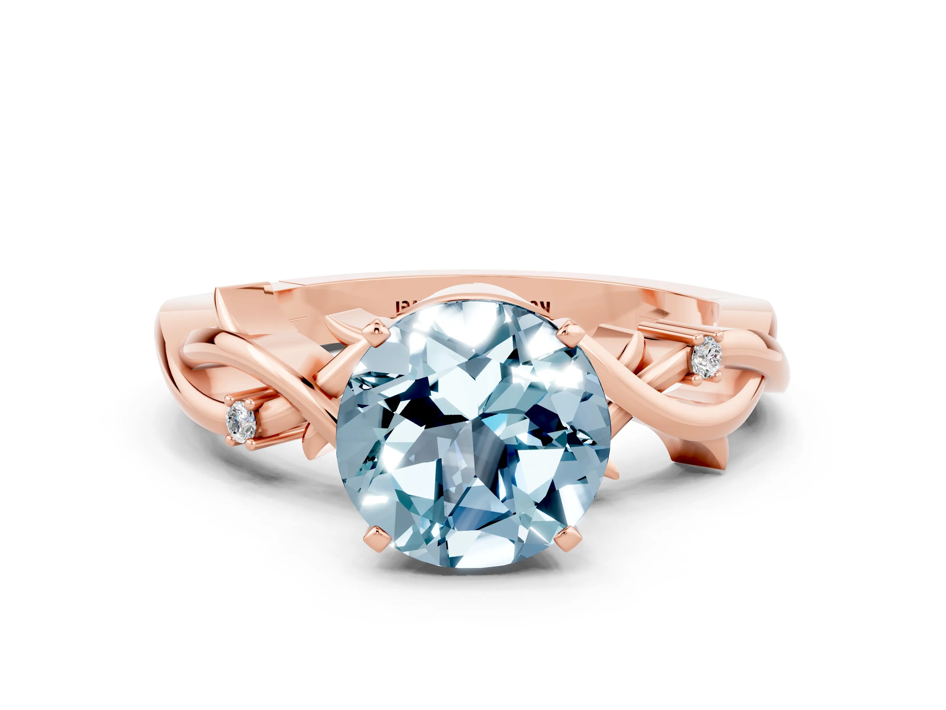 Rose gold Round Cut Aquamarine Solitaire Ring with Twisted Band and Prong Setting