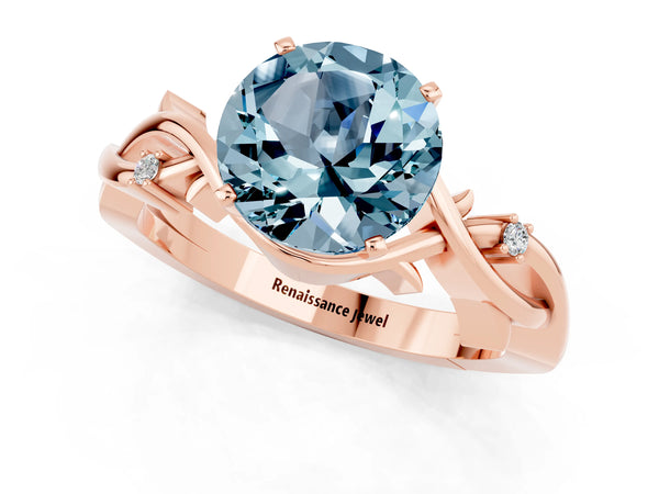 Rose gold Round Cut Aquamarine Solitaire Ring with Twisted Band and Prong Setting