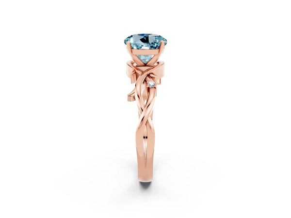 Rose gold Round Cut Aquamarine Solitaire Ring with Twisted Band and Prong Setting