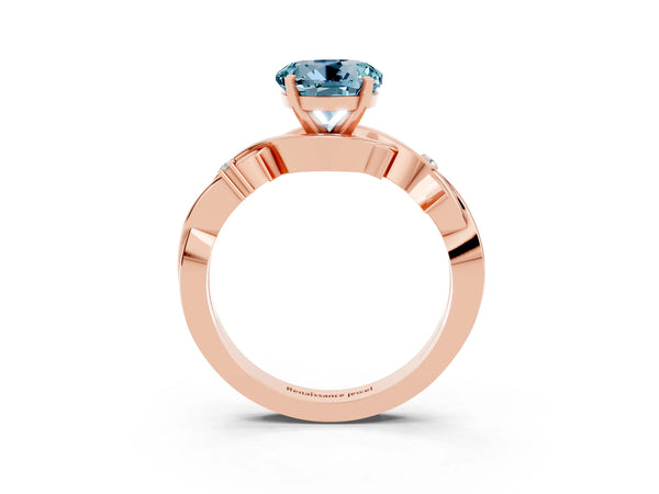 Rose gold Round Cut Aquamarine Solitaire Ring with Twisted Band and Prong Setting