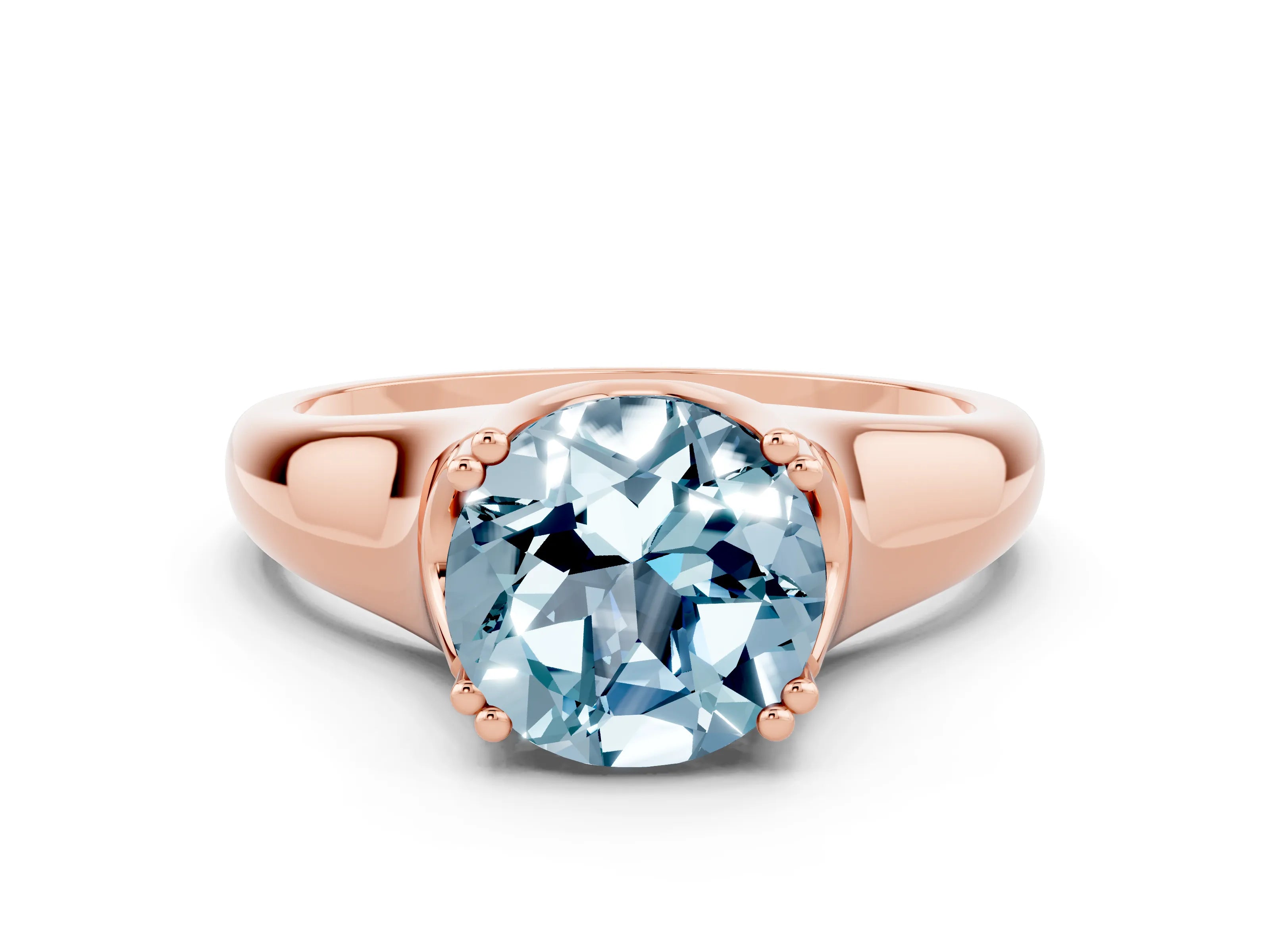 Rose gold Round Cut Aquamarine Solitaire Ring with Wide Band and Prong Setting