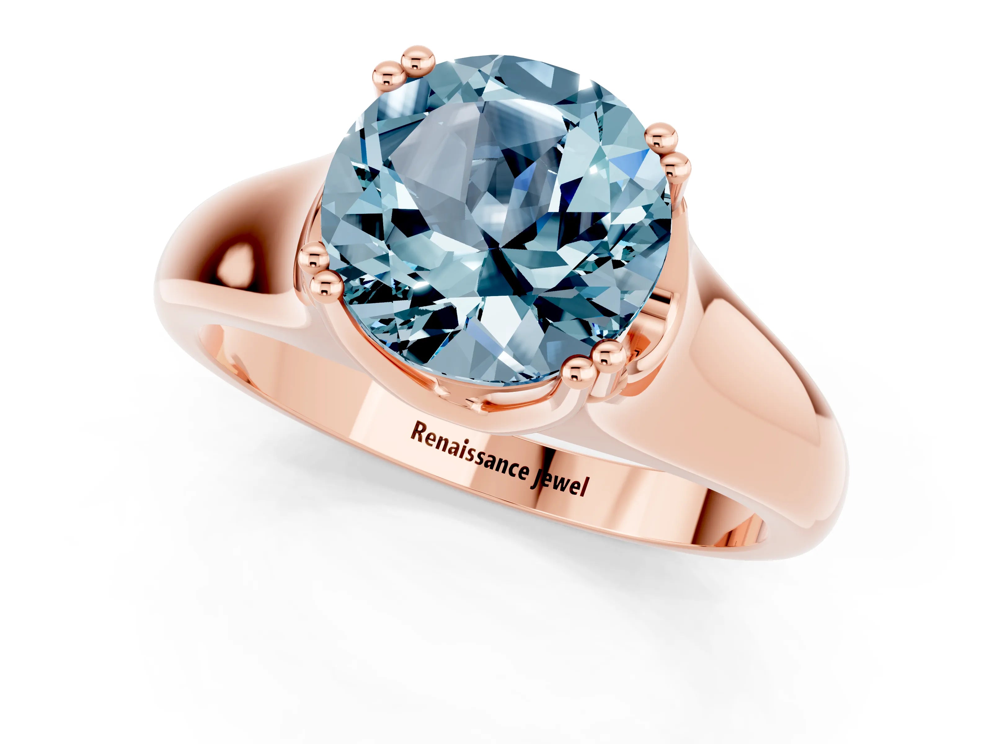 Rose gold Round Cut Aquamarine Solitaire Ring with Wide Band and Prong Setting_1