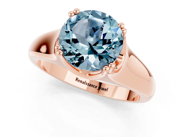 Rose gold Round Cut Aquamarine Solitaire Ring with Wide Band and Prong Setting