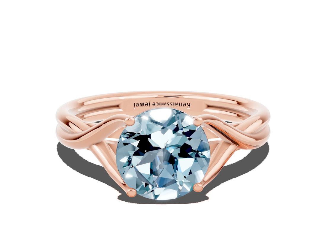 Rose gold Round Cut Aquamarine Solitaire Twist Band Prong Setting Ring_36