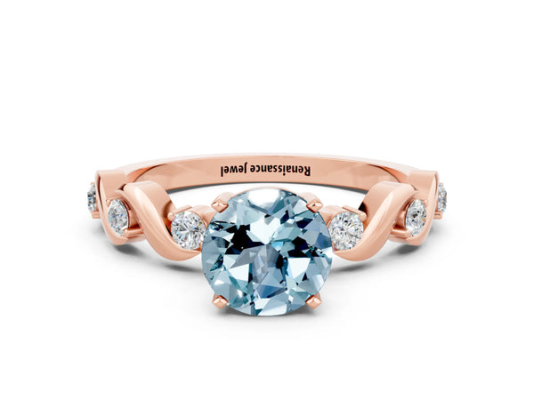 Rose gold Round Cut Aquamarine Solitaire Twisted Band with Round  Accents and Prong Setting