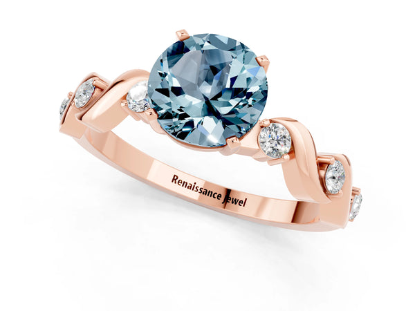 Rose gold Round Cut Aquamarine Solitaire Twisted Band with Round  Accents and Prong Setting
