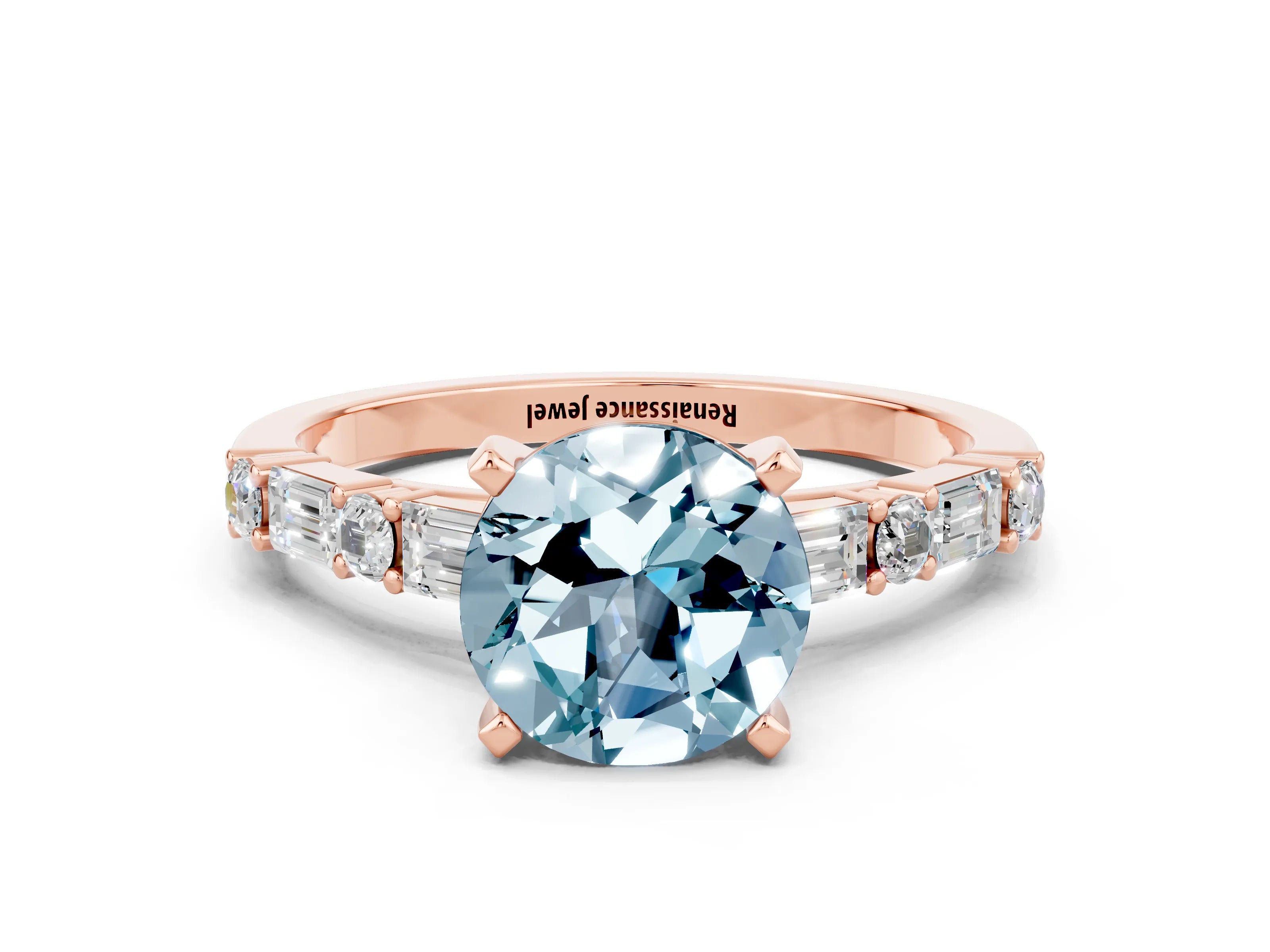 Rose gold Round Cut Aquamarine Solitaire with Side Baguettes and Channel Set Band