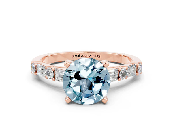 Rose gold Round Cut Aquamarine Solitaire with Side Baguettes and Channel Set Band