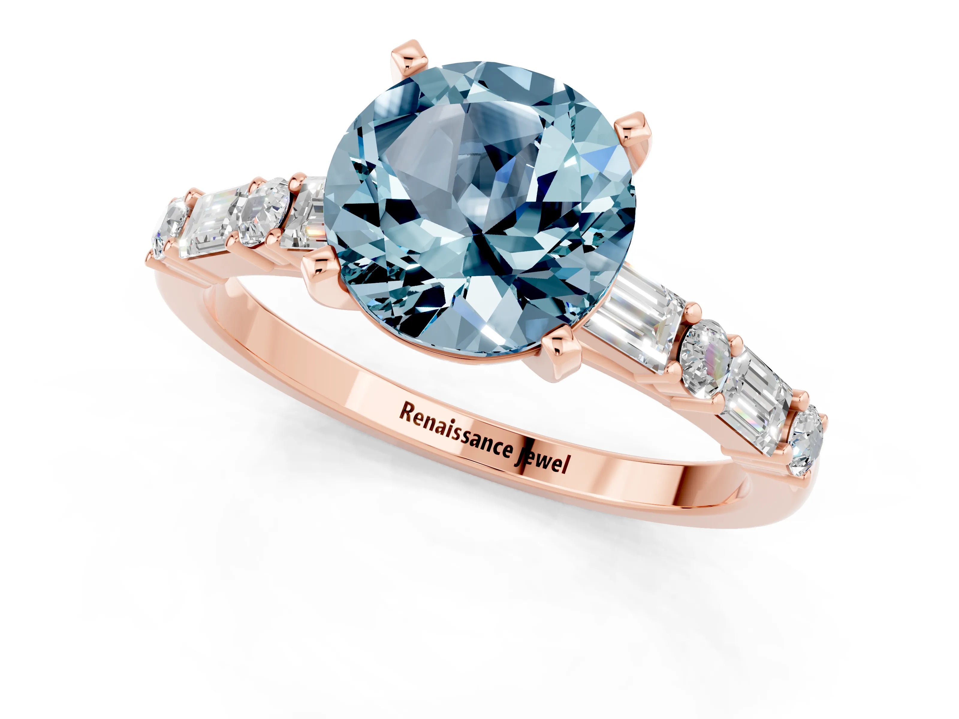 Rose gold Round Cut Aquamarine Solitaire with Side Baguettes and Channel Set Band_1