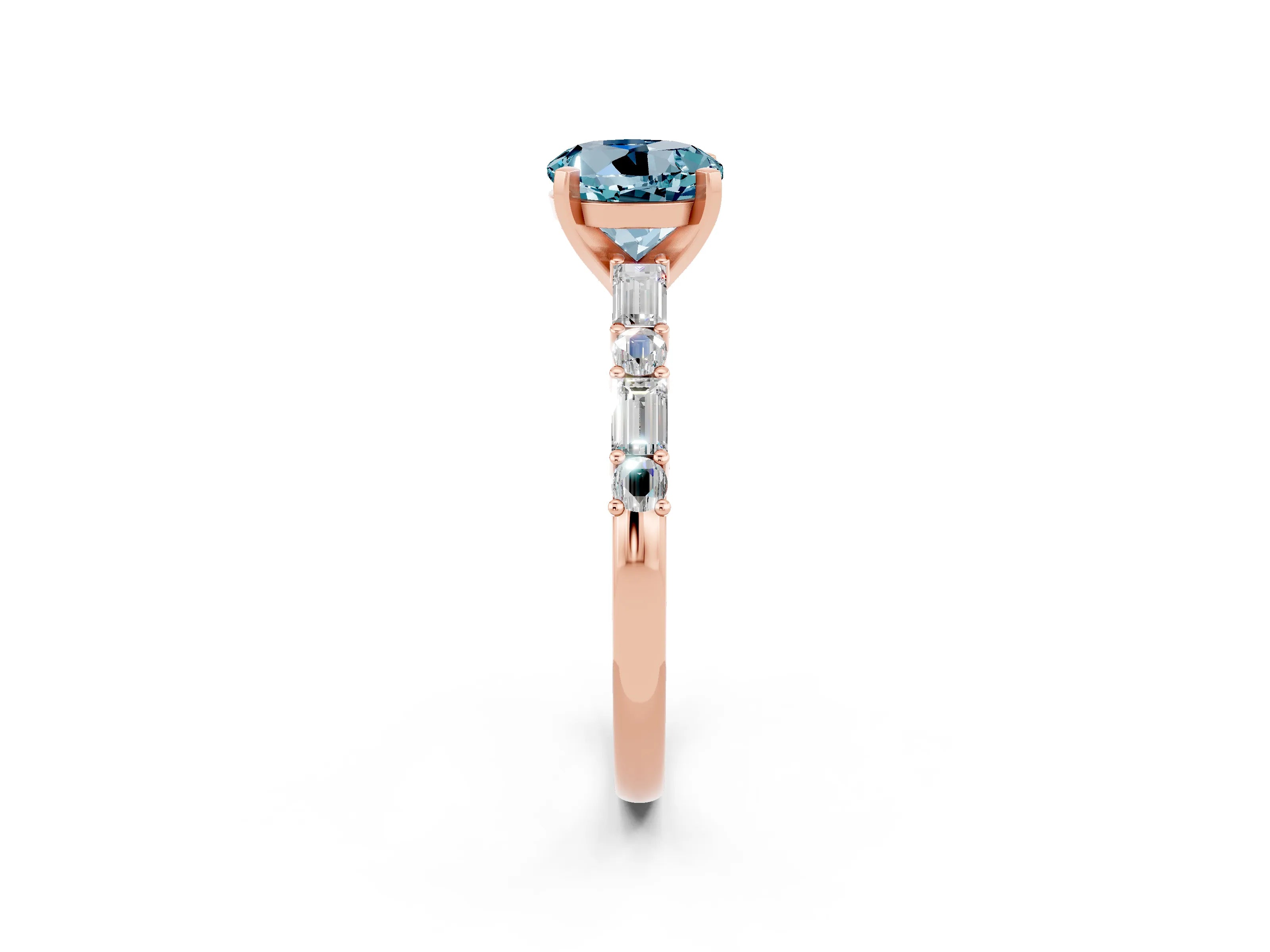 Rose gold Round Cut Aquamarine Solitaire with Side Baguettes and Channel Set Band_2