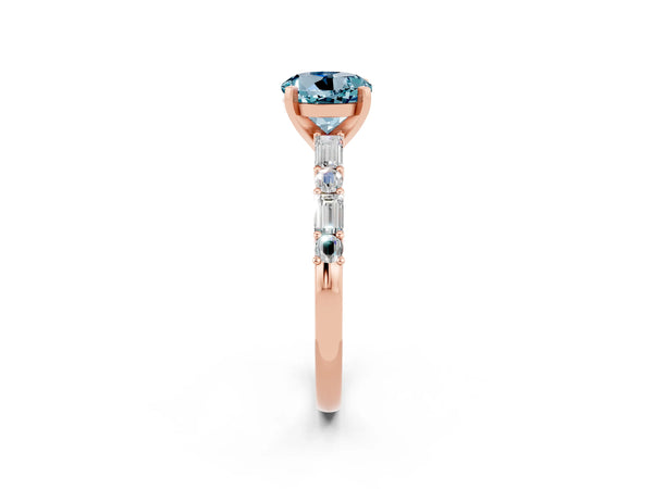 Rose gold Round Cut Aquamarine Solitaire with Side Baguettes and Channel Set Band