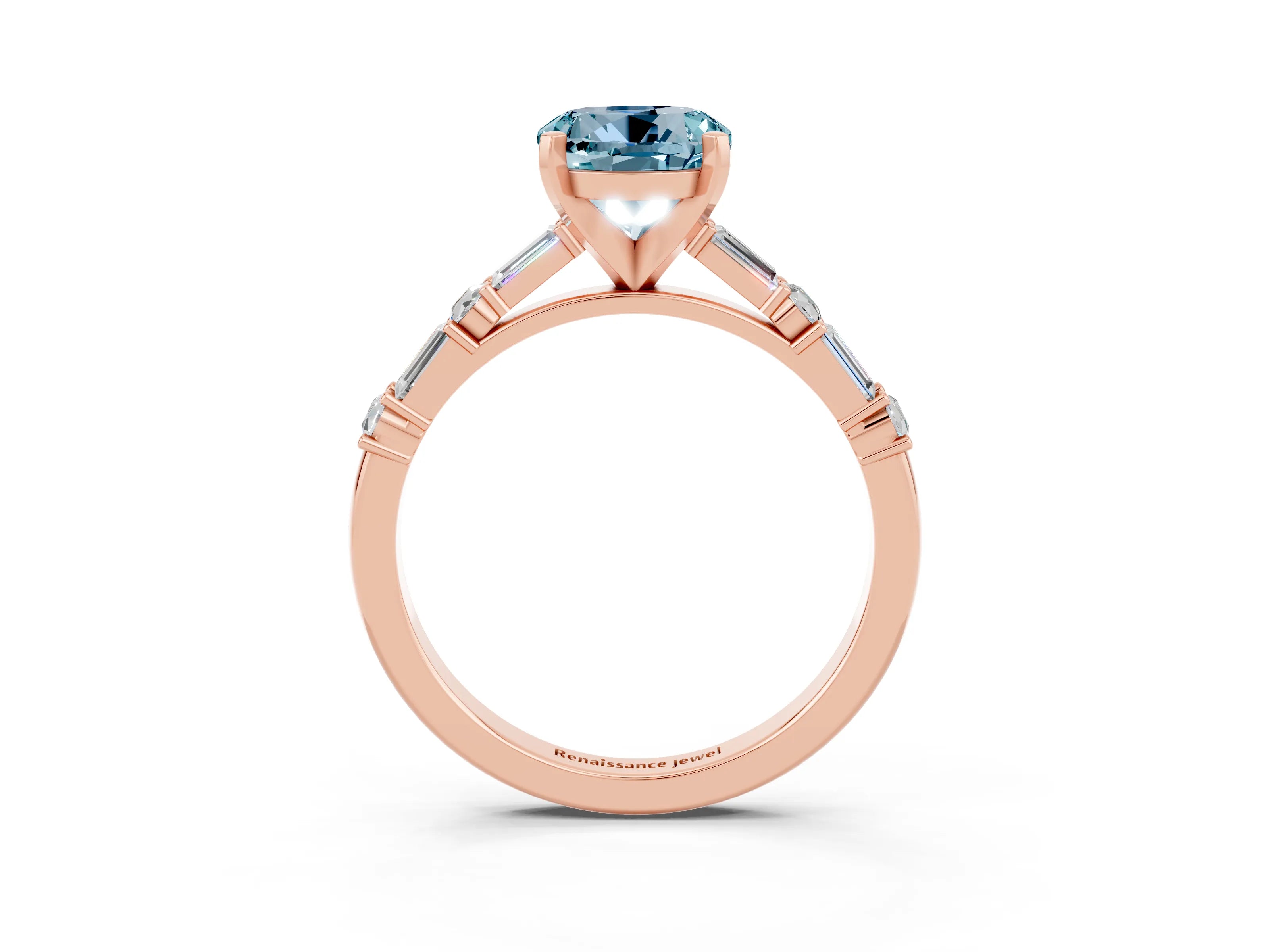 Rose gold Round Cut Aquamarine Solitaire with Side Baguettes and Channel Set Band_3